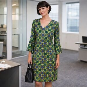 Ashro kelly green kaleidoscope vibrant print bell sleeves  sheath dress sz 10